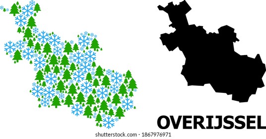 Vector mosaic map of Overijssel Province designed for New Year, Christmas, and winter. Mosaic map of Overijssel Province is designed from snow flakes and fir-trees.