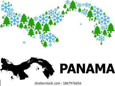 Vector mosaic map of Panama combined for New Year, Christmas, and winter. Mosaic map of Panama is designed of snow and fir trees. Winter related items are united into abstract mosaic map of Panama.