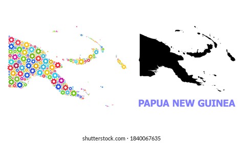 Vector mosaic map of Papua New Guinea organized for workshops. Mosaic map of Papua New Guinea is made from scattered bright wheels. Engineering components in bright colors.