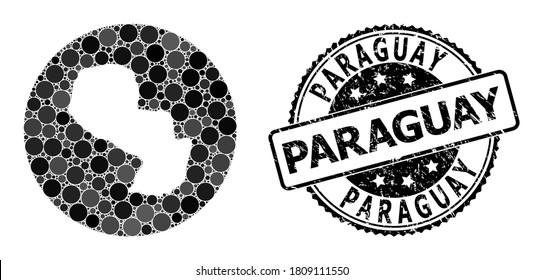 Vector mosaic map of Paraguay from circle elements, and grey scratched seal. Subtraction circle map of Paraguay collage created with circles in different sizes, and dark grey color hues.