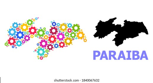 Mapa de mosaico vectorial del estado de Paraiba hecho para ingeniería. El mapa mosaico del estado de Paraiba está compuesto por cafés dispersos de varios colores. Artículos de ingeniería de colores vivos.