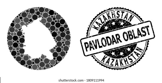 Vektormosaikkarte der Region Pavlodar mit runden Gegenständen und grauem Grunge-Siegel. Hole Kreis Karte der Pavlodar Region Collage mit Kreise in verschiedenen Größen, und dunkelgraue Farbtöne.