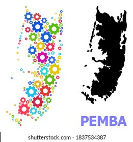 Vector mosaic map of Pemba island created for engineering. Mosaic map of Pemba island is done with randomized bright gear wheels. Engineering items in bright colors.