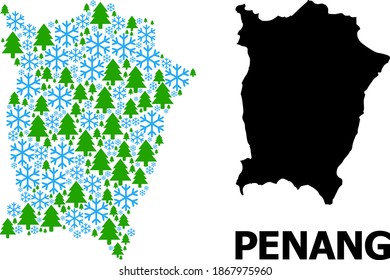 Mapa vectorial de mosaico de la isla Penang construido para Año Nuevo, Navidad e invierno. El mapa mosaico de la isla de Penang se hace a partir de copos de nieve y abetos.
