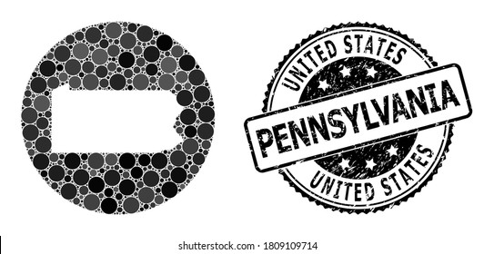 Vector mosaic map of Pennsylvania State with round elements, and grey scratched seal stamp. Stencil round map of Pennsylvania State collage designed with circles in different sizes,