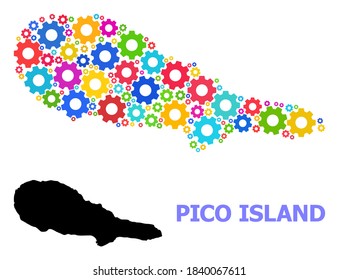 Vector mosaic map of Pico Island organized for mechanics. Mosaic map of Pico Island is made from scattered bright gear wheels. Engineering components in bright colors.