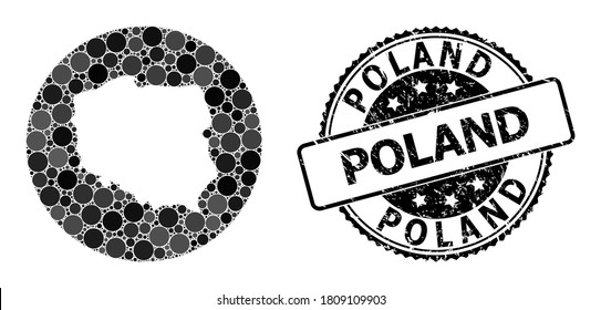 Vector mosaic map of Poland with circle elements, and grey rubber seal stamp. Subtraction circle map of Poland collage composed with circles in various sizes, and dark gray color hues.