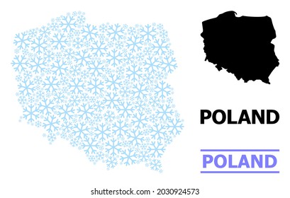 Vector mosaic map of Poland combined for New Year, Christmas celebration, and winter. Mosaic map of Poland is organized of light blue snowflakes.