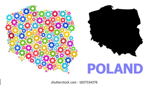 Vector mosaic map of Poland designed for engineering. Mosaic map of Poland is made with random multi-colored cogs. Engineering items in bright colors.