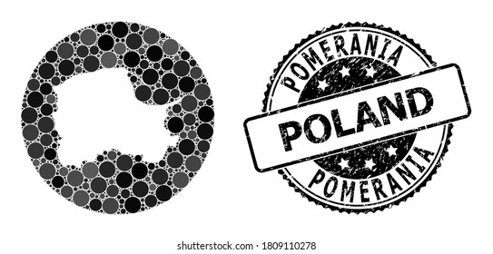 Vector mosaic map of Pomerania Province with round blots, and grey watermark seal. Hole round map of Pomerania Province collage composed with circles in variable sizes, and dark grey color hues.