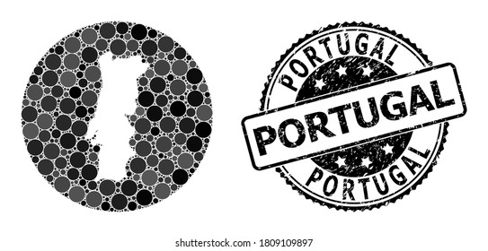 Mapa de mosaicos vectoriales de Portugal con puntos esféricos y sello de goma gris. Mapa circular de agujeros de Portugal de collage formado con círculos de varios tamaños, y tonos de color gris oscuro.