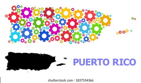 Vector mosaic map of Puerto Rico created for engineering. Mosaic map of Puerto Rico is shaped with randomized colored wheels. Engineering components in bright colors.