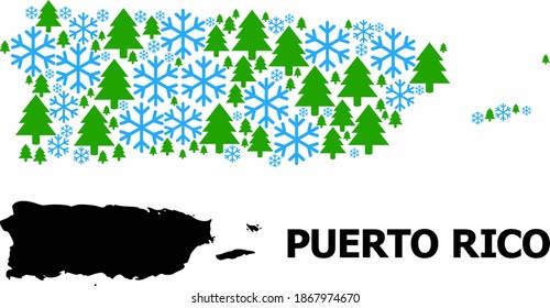 Vector mosaic map of Puerto Rico created for New Year, Christmas, and winter. Mosaic map of Puerto Rico is organized from snowflakes and fir forest.