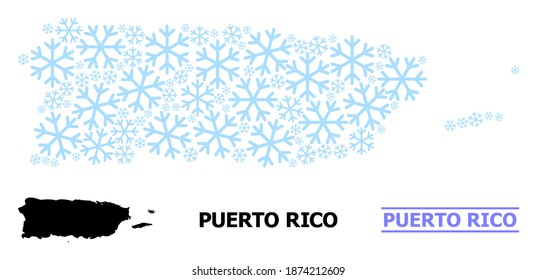 Vektormosaik Karte von Puerto Rico getan für Neujahr, Weihnachtsfeier und Winter. Die Mosaikkarte von Puerto Rico ist mit hellblauen Schneegegenständen erstellt.