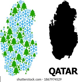 Vector mosaic map of Qatar created for New Year, Christmas, and winter. Mosaic map of Qatar is created with snow and fir forest. Winter related items are united into abstract mosaic map of Qatar.