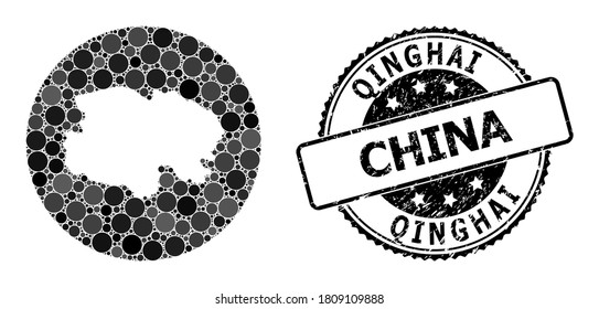 Vector mosaic map of Qinghai Province with round dots, and grey watermark stamp. Subtraction round map of Qinghai Province collage designed with circles in different sizes, and dark gray shades.