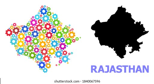 Vector mosaic map of Rajasthan State designed for engineering. Mosaic map of Rajasthan State is formed from randomized bright gears. Engineering components in bright colors.