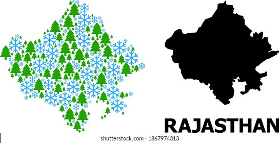 Vector mosaic map of Rajasthan State organized for New Year, Christmas, and winter. Mosaic map of Rajasthan State is created of snow and fir forest.