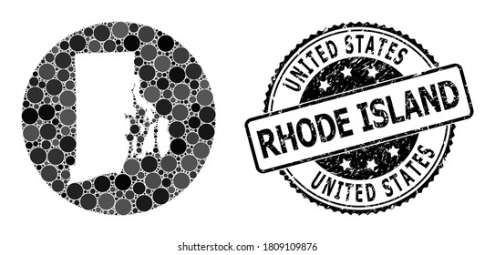 Vector mosaic map of Rhode Island State with spheric dots, and grey scratched stamp. Hole round map of Rhode Island State collage designed with circles in various sizes, and dark grey color tinges.