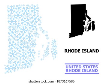 Mapa de mosaico vectorial del estado de la isla Rhode organizado para Año Nuevo, Navidad y invierno. Mapa mosaico del estado de Rhode Island creado con nieve azul claro.