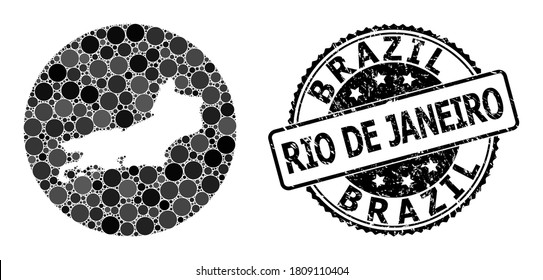 Vector mosaic map of Rio de Janeiro State with round items, and grey scratched seal. Stencil round map of Rio de Janeiro State collage created with circles in different sizes,