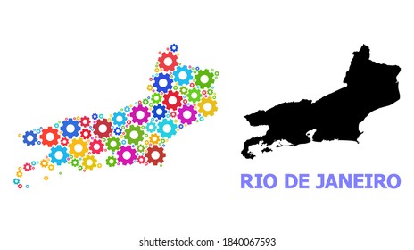 Vector mosaic map of Rio de Janeiro State created for industrial apps. Mosaic map of Rio de Janeiro State is made from scattered bright gear wheels. Engineering items in bright colors.