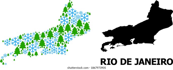 Vector mosaic map of Rio de Janeiro State constructed for New Year, Christmas, and winter. Mosaic map of Rio de Janeiro State is created of snowflakes and fir forest.