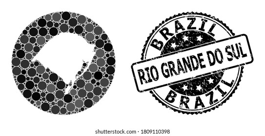 Mapa vectorial del estado de Rio Grande do Sul desde elementos redondos, y sello de sello de sello arañado gris. Mapa circular esténcil del collage del estado de Rio Grande do Sul compuesto por círculos de diferentes tamaños,