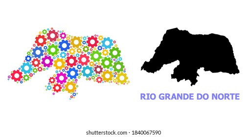 Vektormosaikkarte des Rio Grande do Norte State für Mechanik. Die Mosaikkarte des Rio Grande do Norte State ist aus verstreuten, hellen Rädern entworfen. Ingenieurskunst in hellen Farben.