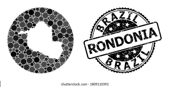 Mapa de mosaico vectorial del estado de Rondonia con elementos de círculo y sello rayado gris. Mapa redondo de hoyo del collage del estado de Rondonia compuesto por círculos de tamaños variables y tonos grises oscuros.