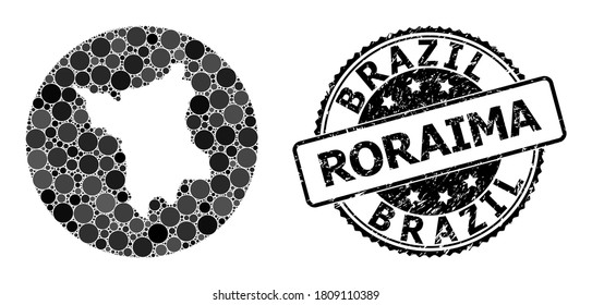 Vector mosaic map of Roraima State with circle elements, and gray watermark stamp. Hole round map of Roraima State collage formed with circles in variable sizes, and dark gray color tones.