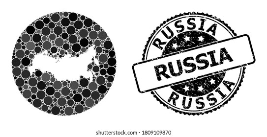 Vector mosaic map of Russia of circle dots, and grey grunge stamp. Stencil circle map of Russia collage composed with circles in various sizes, and dark gray color tones.