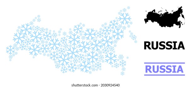 Vector mosaic map of Russia organized for New Year, Christmas celebration, and winter. Mosaic map of Russia is created with light blue snow elements.