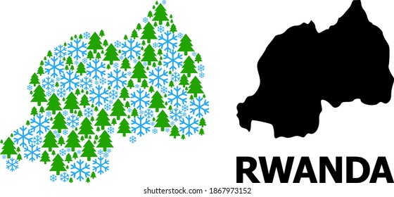 Vector mosaic map of Rwanda done for New Year, Christmas, and winter. Mosaic map of Rwanda is organized from snowflakes and fir-trees.
