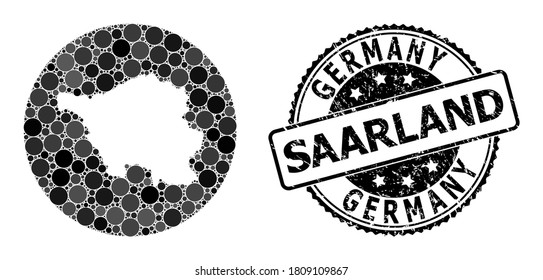 Vector mosaic map of Saarland State with spheric dots, and gray watermark stamp. Stencil round map of Saarland State collage created with circles in different sizes, and dark gray color hues.