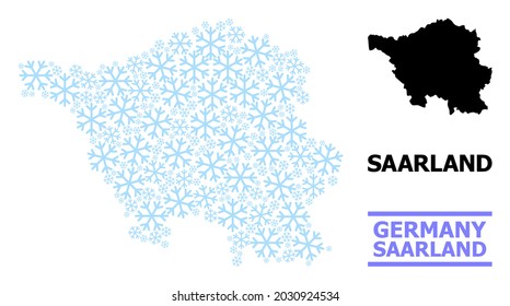 Mapa de mosaicos vectoriales del estado de Sarre hecho para Año Nuevo, Navidad y invierno. El mapa mosaico del estado de Sarre está hecho con iconos de la nieve azul claro.
