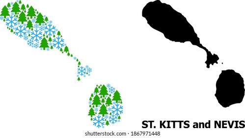 Vector mosaic map of Saint Kitts and Nevis designed for New Year, Christmas, and winter. Mosaic map of Saint Kitts and Nevis is organized of snowflakes and fir forest.