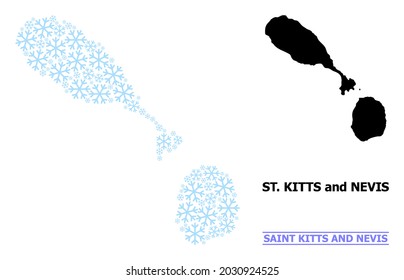 Mapa vectorial de mosaicos de Saint Kitts y Nevis combinado para Año Nuevo, celebración de Navidad e invierno. El mapa mosaico de Saint Kitts y Nevis está moldeado con elementos de nieve azul claro.