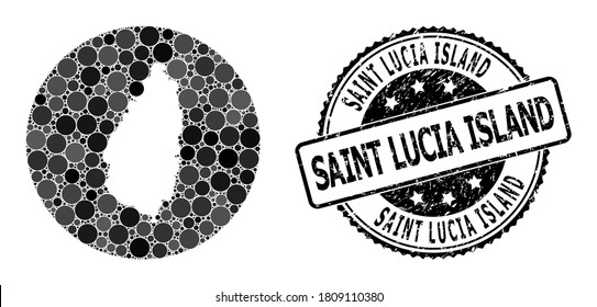 Vector mosaic map of Saint Lucia Island with spheric dots, and gray grunge seal. Subtraction round map of Saint Lucia Island collage composed with circles in variable sizes,