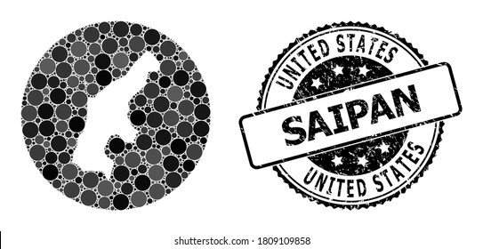 Mapa de mosaicos vectoriales de la isla de Saipan con manchas redondas y sello de sello de foca rayado gris. Mapa redondo de resta del collage de la Isla Saipan diseñado con círculos de varios tamaños y tonos grises oscuros.