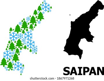 Vector mosaic map of Saipan Island done for New Year, Christmas, and winter. Mosaic map of Saipan Island is done from snow flakes and fir-trees.