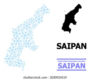 Vector mosaic map of Saipan Island organized for New Year, Christmas celebration, and winter. Mosaic map of Saipan Island is created from light blue snow.