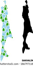 Vector mosaic map of Sakhalin Island constructed for New Year, Christmas, and winter. Mosaic map of Sakhalin Island is constructed from snow and fir trees.