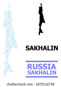 Vector mosaic map of Sakhalin Island designed for New Year, Christmas celebration, and winter. Mosaic map of Sakhalin Island is shaped of light blue snowflakes.