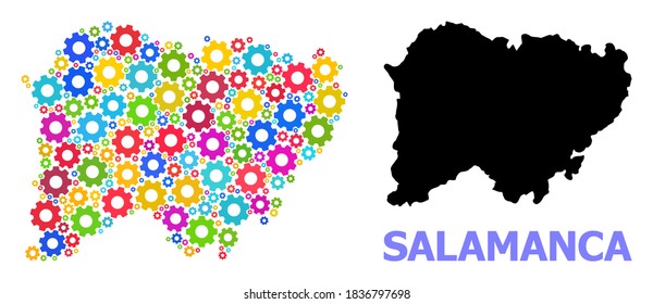 Mapa de mosaicos vectoriales de la provincia de Salamanca combinado para ingeniería. El mapa mosaico de la provincia de Salamanca es creado con ruedas de engranajes brillantes al azar. Componentes de ingeniería en colores brillantes.