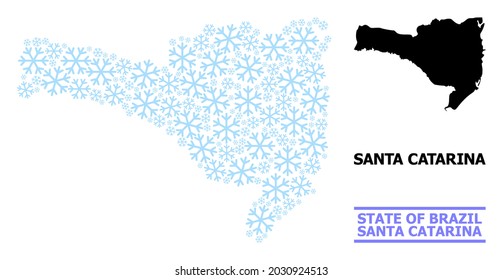 Vector mosaic map of Santa Catarina State constructed for New Year, Christmas celebration, and winter. Mosaic map of Santa Catarina State is shaped from light blue snow items.
