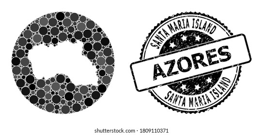 Vector mosaic map of Santa Maria Island with round elements, and grey watermark seal. Subtraction round map of Santa Maria Island collage composed with circles in various sizes,