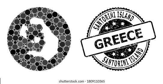 Vector mosaic map of Santorini Island with spheric blots, and grey rubber stamp. Hole round map of Santorini Island collage formed with circles in variable sizes, and dark grey color hues.