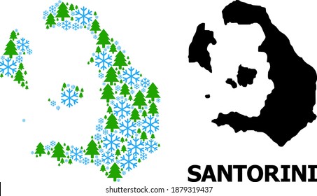 Mapa vectorial de mosaico de la isla Santorini organizado para Año Nuevo, Navidad e invierno. El mapa mosaico de la isla de Santorini se hace a partir de la nieve y los abetos.