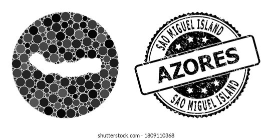 Mapa de mosaicos vectoriales de la isla de San Miguel con objetos redondos y sello de goma gris. Mapa redondo de la resta del collage de la isla de Sao Miguel compuesto por círculos de diferentes tamaños y tonos grises oscuros.